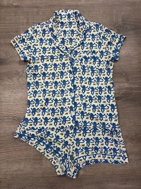 Roller Rabbit Monkey Print Pajama Set 100% Pima Cotton Top & Shorts S White Blue